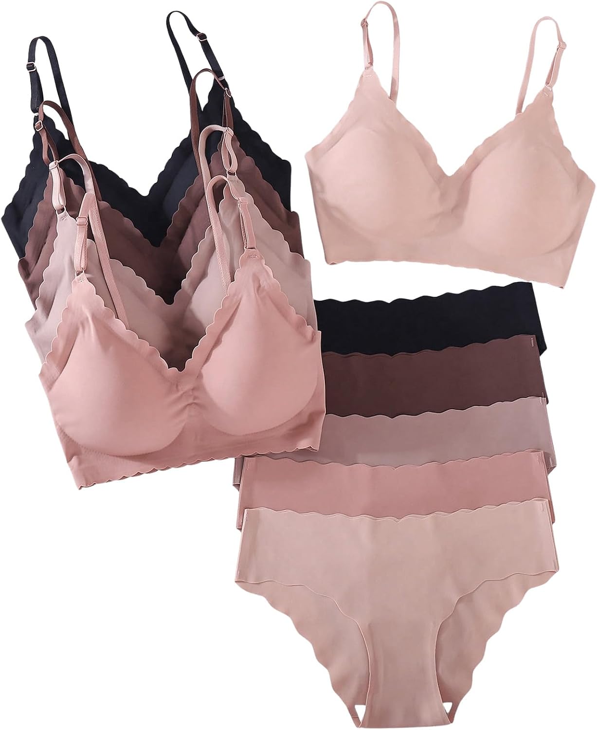 616FJ6SNEDL._AC_SL1500_.jpg Women 5 Pack Seamless Lingerie Sets Scallop Trim Wireless s No Show Bra and Panty Sets Matching Underwear - Image 1