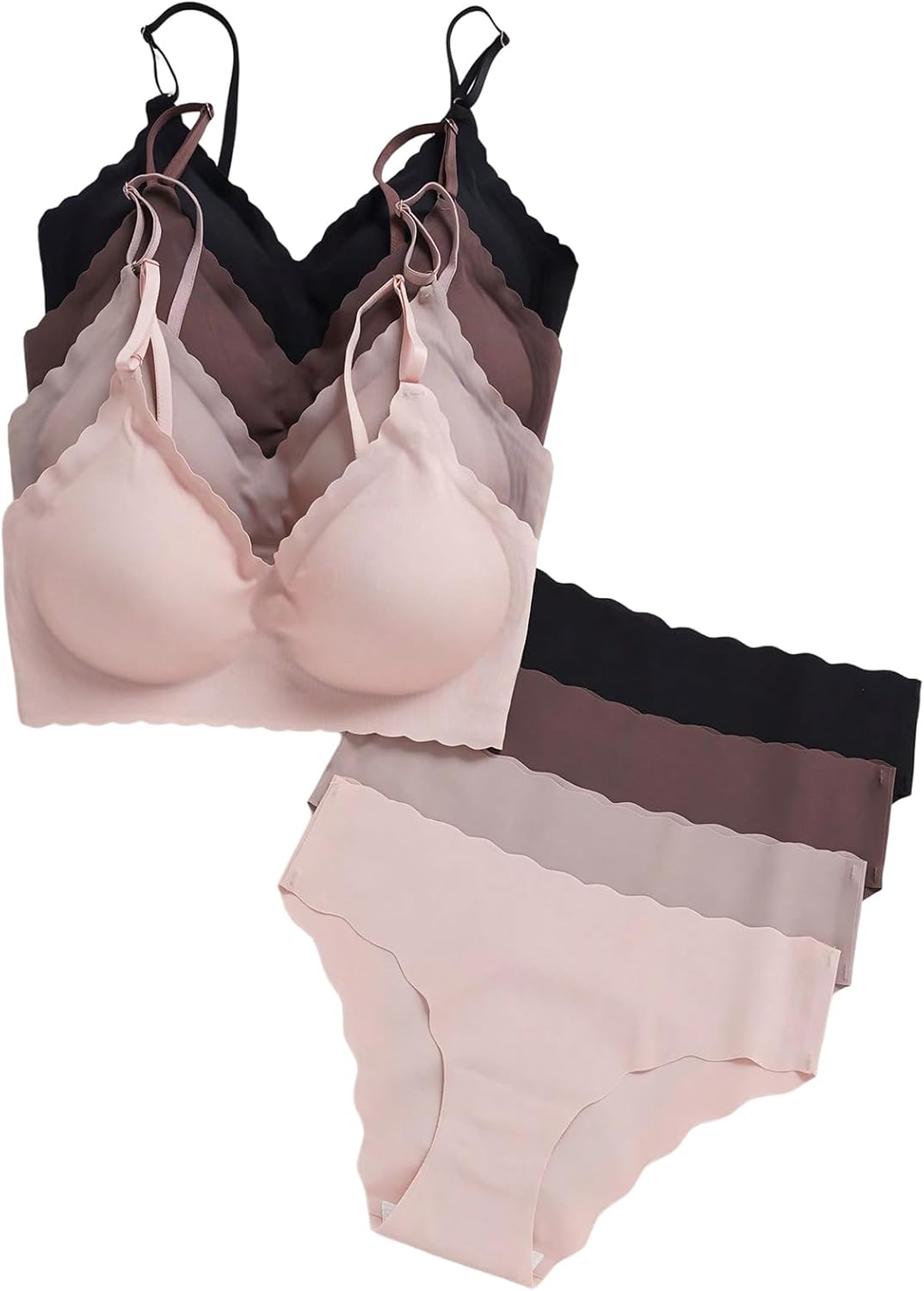 61eVuxcsI0L._AC_SL1500_.jpg Women 8 Piece Seamless Lingerie Sets Scallop Trim Spaghetti Strap Bra and Panty Set - Image 1