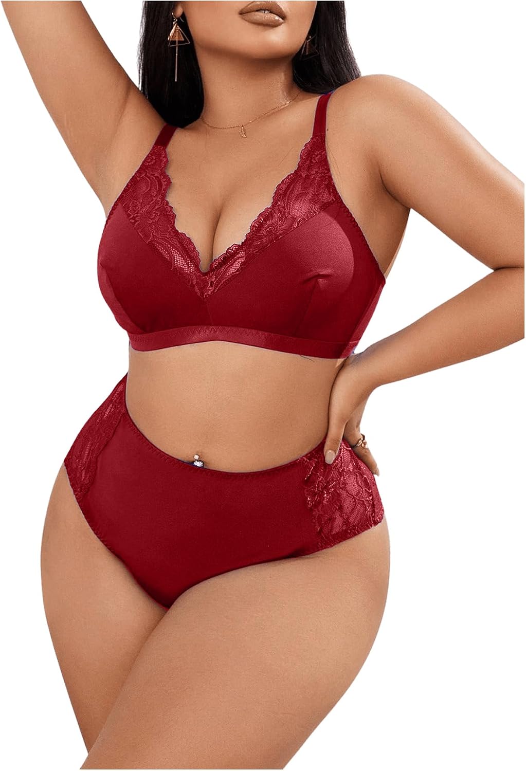 71GPu0Xfx0L._AC_SL1500_.jpg Women Plus Size Lingerie Set Deep V Wireless Bra and Panty Set Lace Boudoir Outfits 2 Piece - Image 1