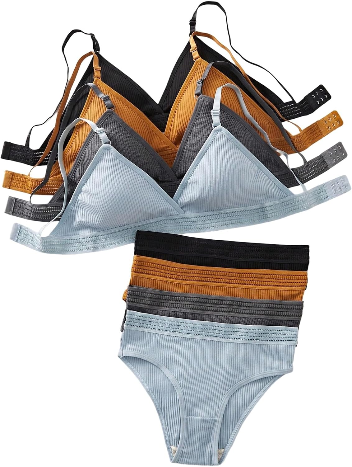 71ZV82tyAcL._AC_SL1500_.jpg Women 4 Sets Ribbed Knit Lingerie Sets Wireless Bra and Panties Briefs Matching Underwear Sets - Image 1