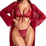 Women Sexy Lingerie Set - 3 Piece Bra and Panty Sets with Lace Kimono Robe Sheer Sleepwear Mesh Nightgown